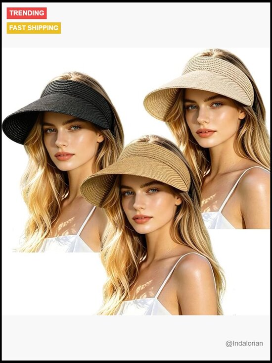 Women Paper Straw Wide Brim Sun Visor UPF 50+ UV Protection Adjustable Packable